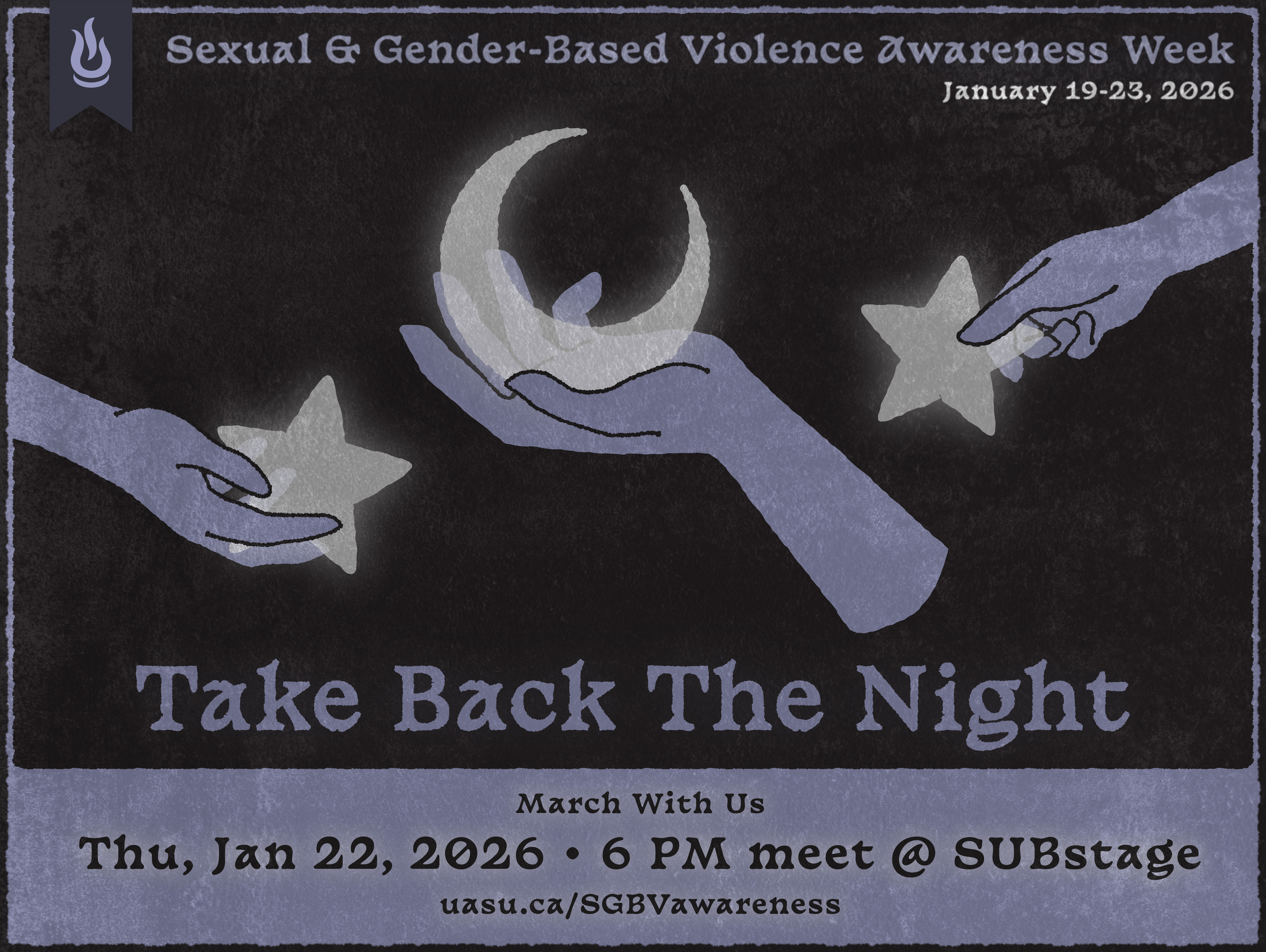 Graphic promoting the Take Back the Night event during Sexual and Gender-Based Violence Awareness Week; students should meet on January 22, 2026 at 6PM by SUBstag