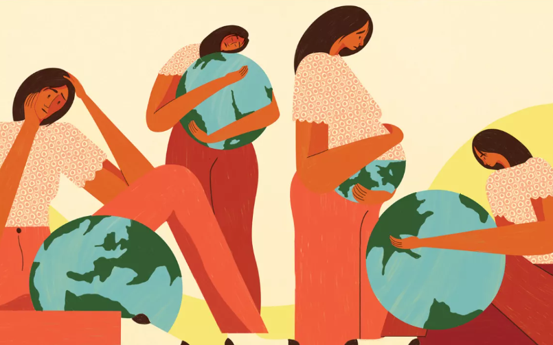 Illustration of a woman hugging a globe like it's a child