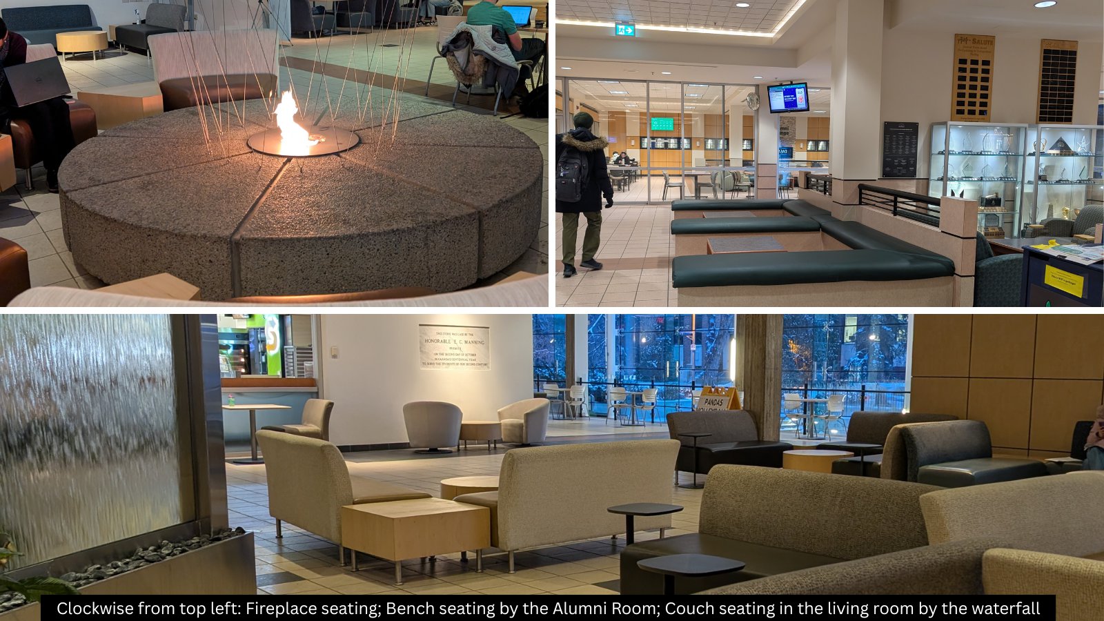 Photo collage of study spaces in main floor SUB: Seating around the fireplace, bench and table seating by the Alumni Lounge, couch seating around the water feature
