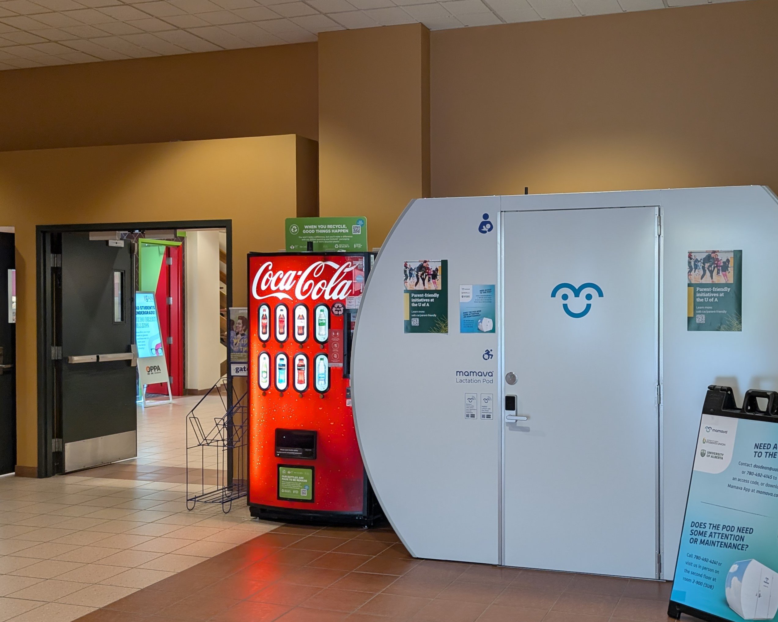 Am image of the Mamava Lactation Station located on the ground floor of the Students’ Union Building (SUB), just outside the central elevators, near the Campus Food Bank.
