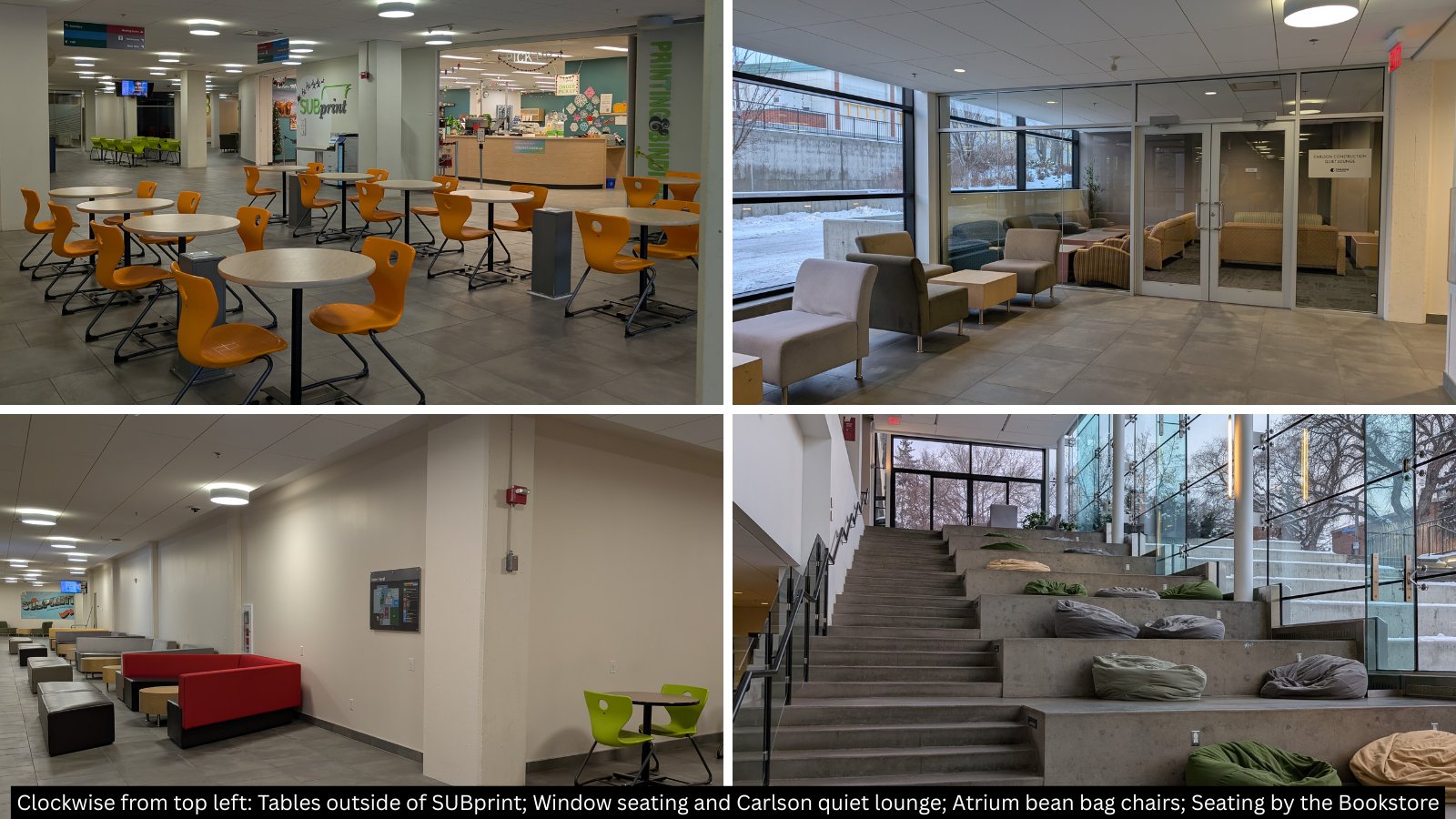 Photo collage of study spaces in SUB: Tables in the Atrium, Carlson Quiet Lounge, Bean bag chairs, and the couches by the University bookstore