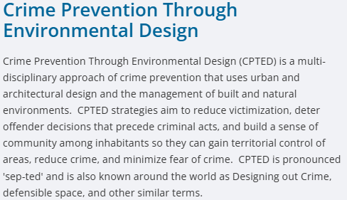 A screenshot from Edmonton Police Service briefly describing Crime Prevention Through Environmental Design (pronounced sep-ted), also known as Designing out Crime.