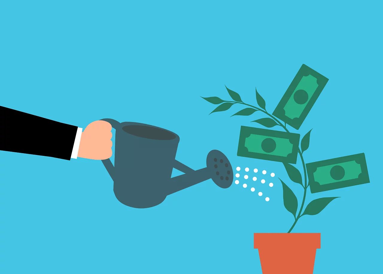 Illustration of someone using a watering can to water a money plant