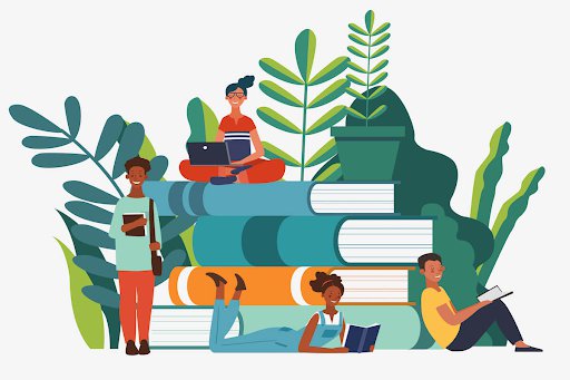 illustration of people sitting on a giant pile of books