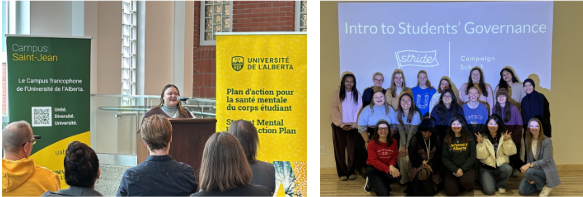 Side by side photos of Logan speaking at Campus Saint-Jean (left) and the Stride Campaign School (right, with VPA Katie Tamsett)