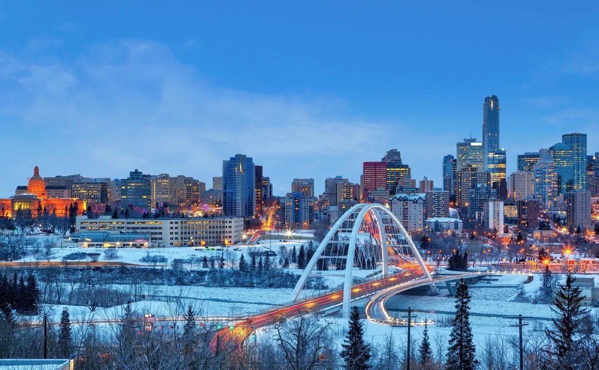 Overhead view of Edmonton's Walterdale Bridge and downtown area in winter